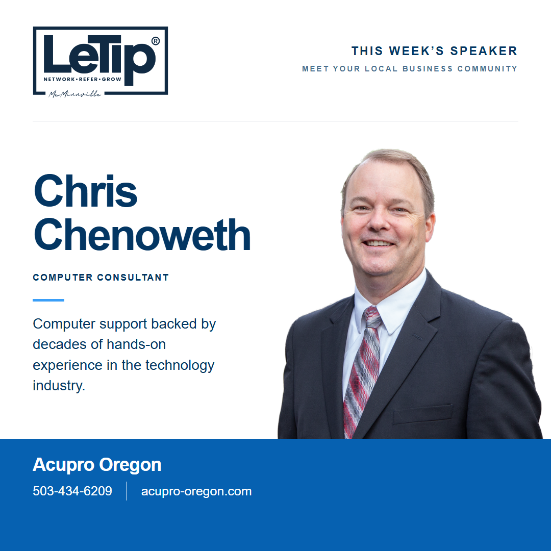 Speaker card for Chris Chenoweth at Acupro Oregon, with business contact information