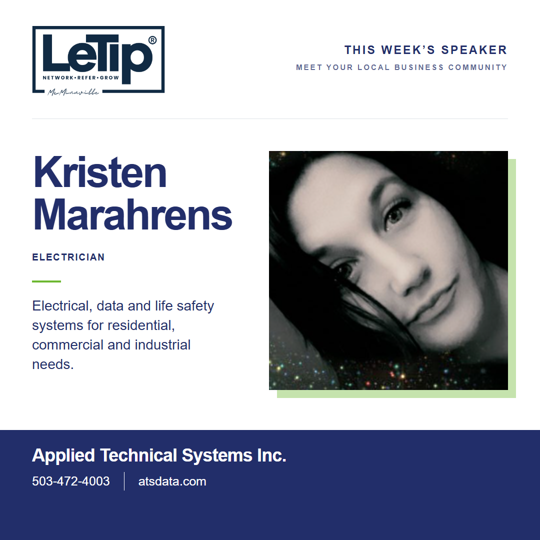 Speaker card for Kristen Marahrens at Applied Technical Systems Inc., with business contact information