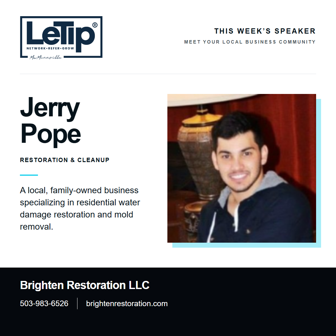 Speaker card for Jerry Pope at Brighten Restoration LLC, with business contact information