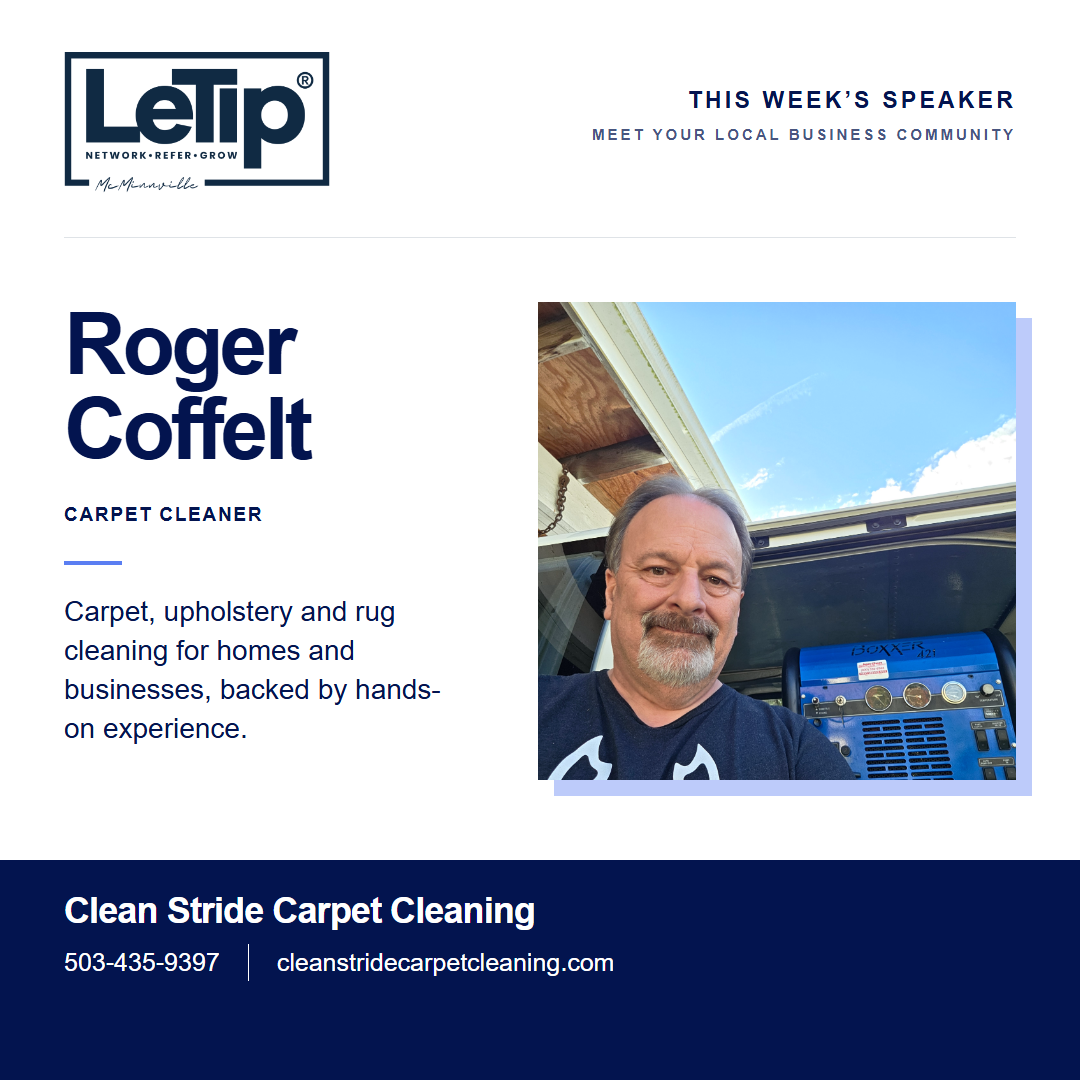 Speaker card for Roger Coffelt at Clean Stride Carpet Cleaning, with business contact information