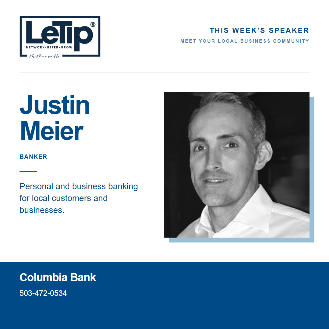Speaker card for Justin Meier at Columbia Bank, with business contact information