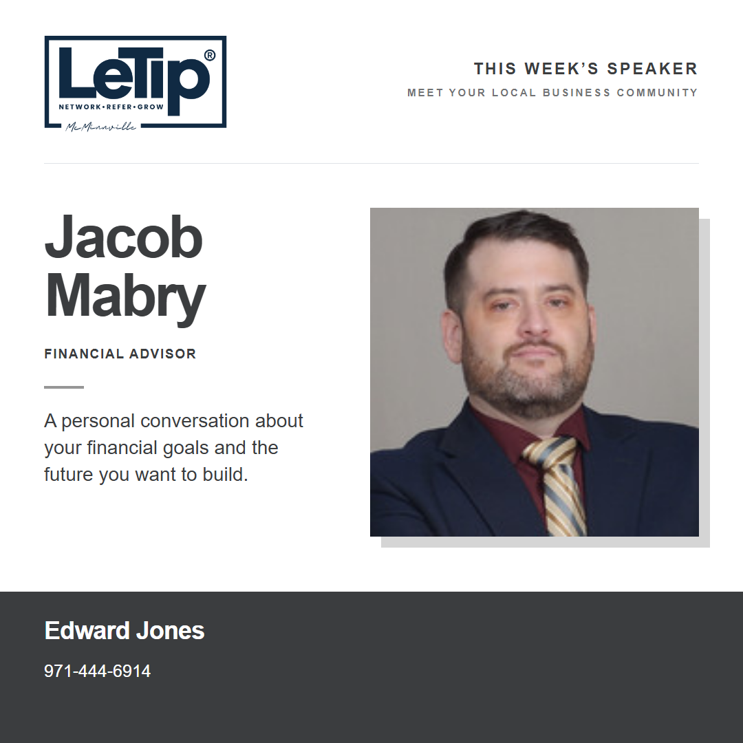 Speaker card for Jacob Mabry at Edward Jones, with business contact information