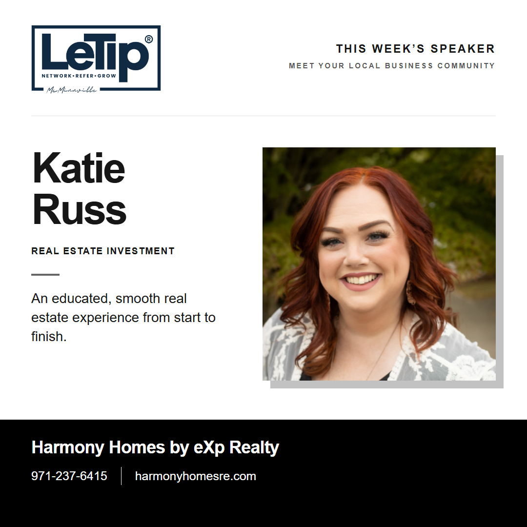 Speaker card for Katie Russ at Harmony Homes by eXp Realty, with business contact information