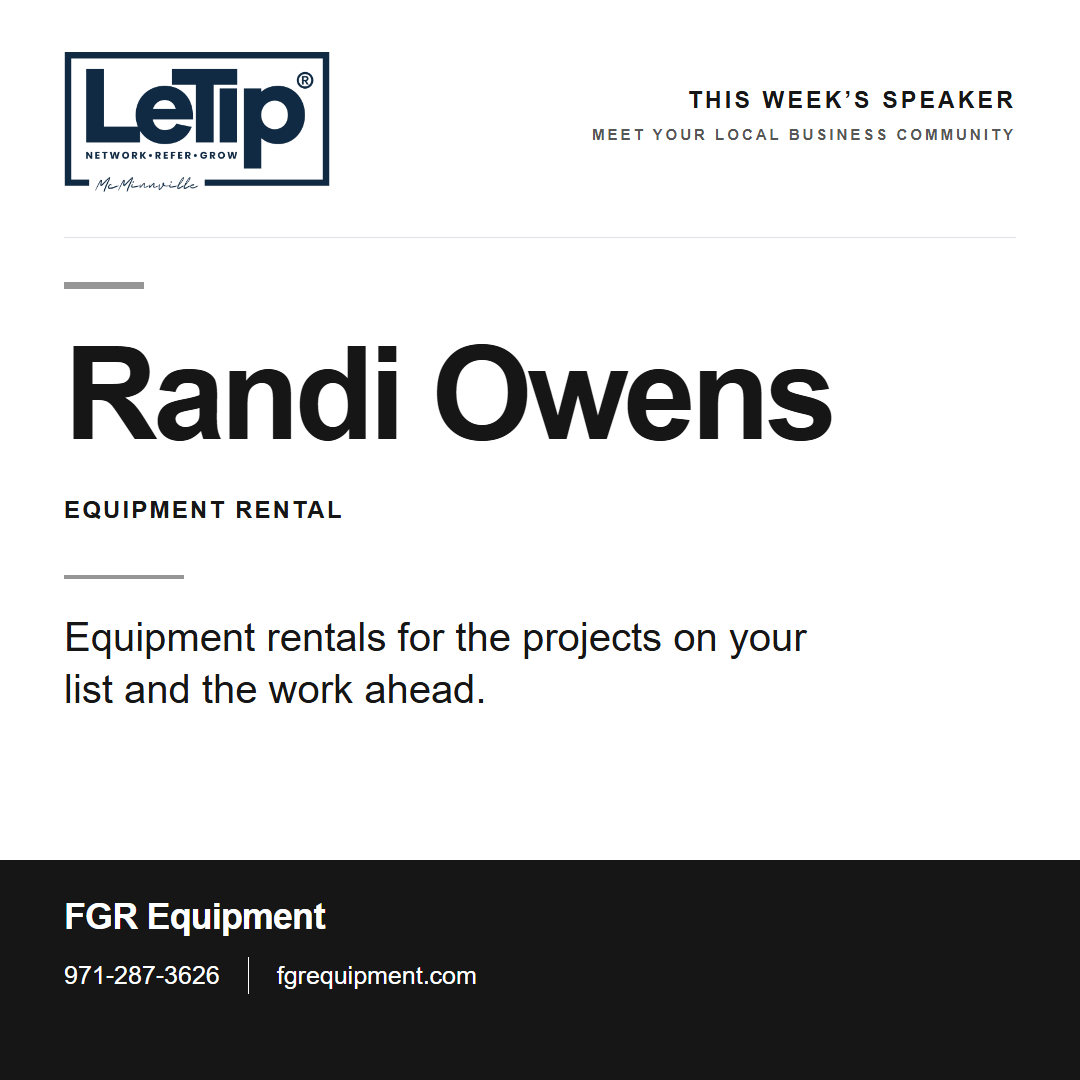 Speaker card for Randi Owens at FGR Equipment, with business contact information