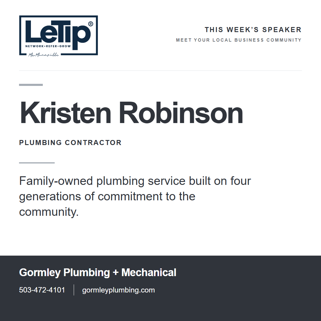 Speaker card for Kristen Robinson at Gormley Plumbing + Mechanical, with business contact information