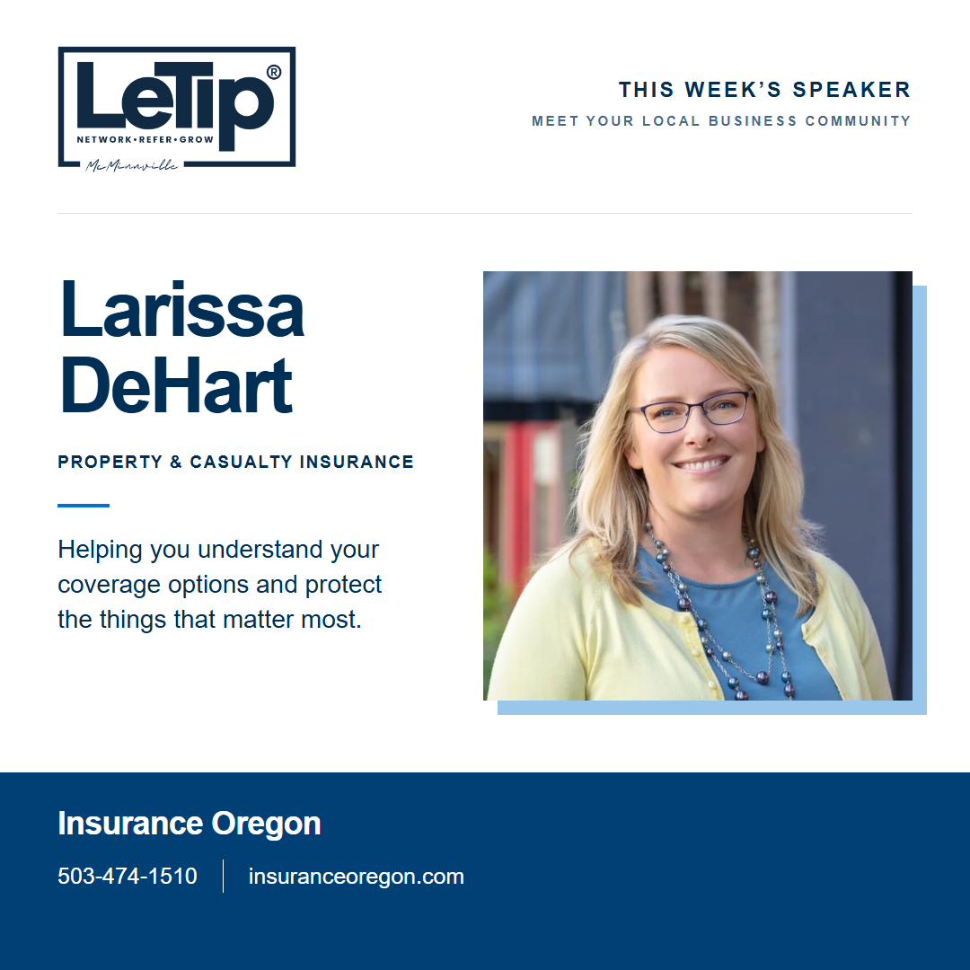 Speaker card for Larissa DeHart at Insurance Oregon, with business contact information
