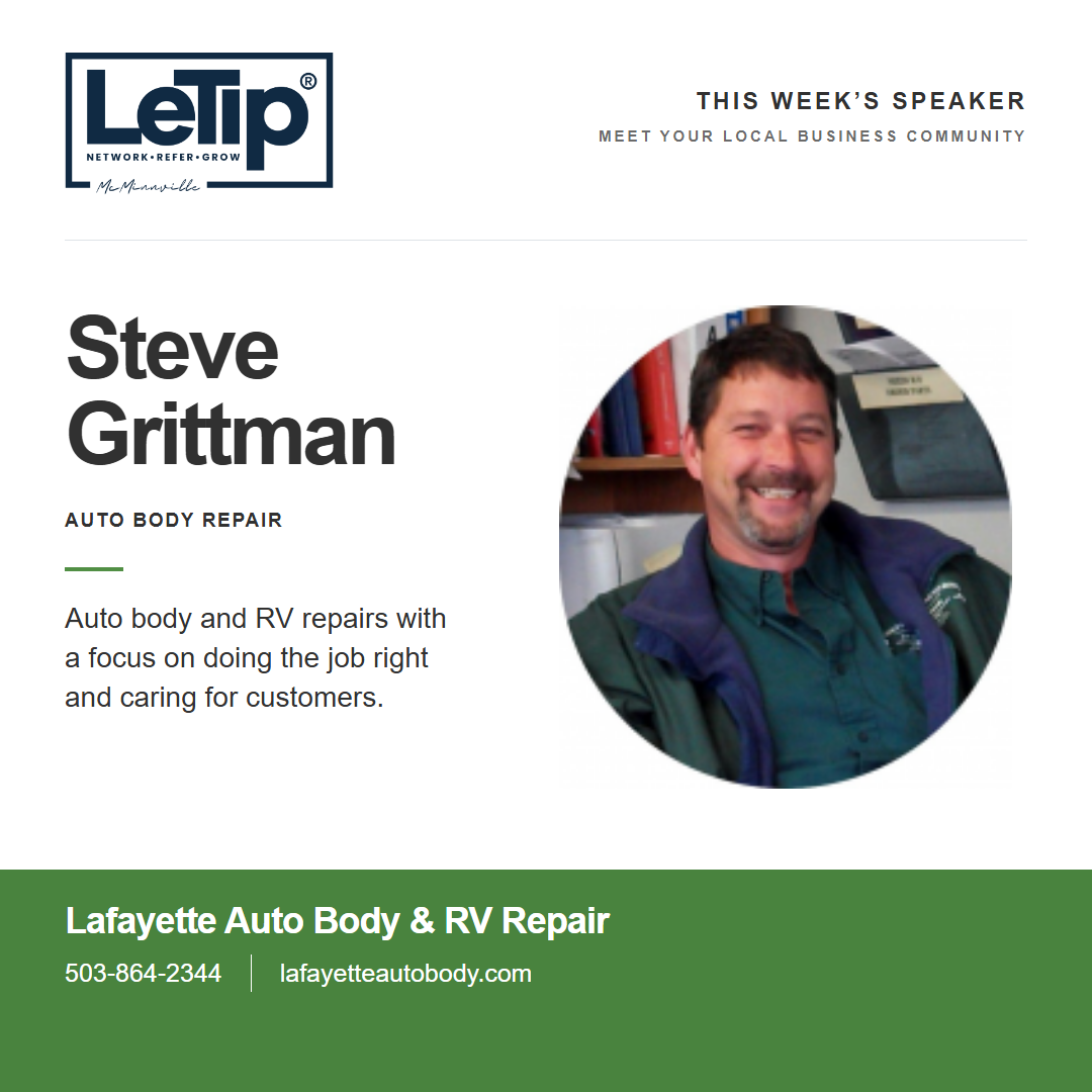 Speaker card for Steve Grittman at Lafayette Auto Body & RV Repair, with business contact information
