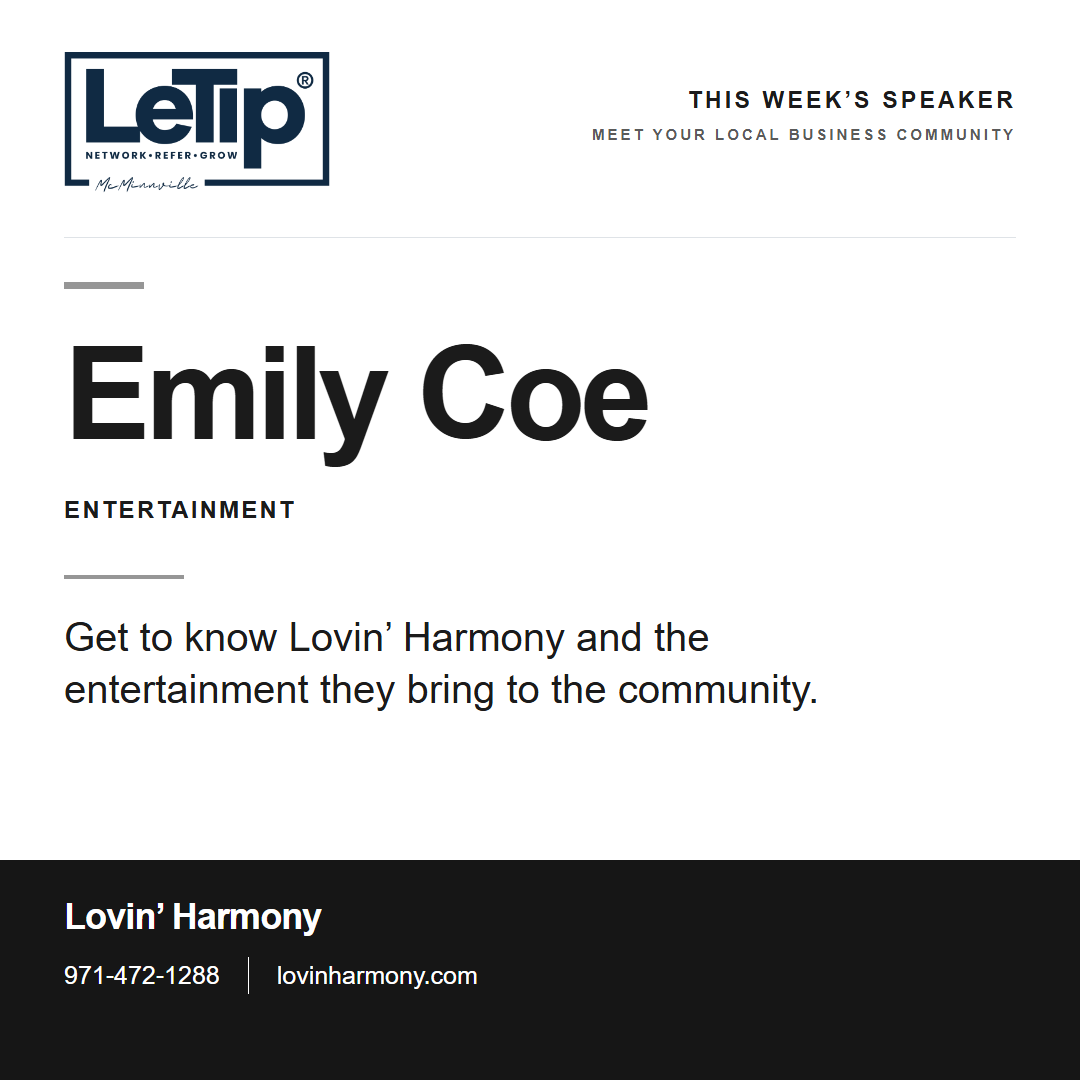 Speaker card for Emily Coe at Lovin’ Harmony, with business contact information