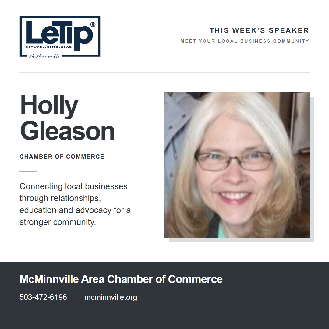Speaker card for Holly Gleason at McMinnville Area Chamber of Commerce, with business contact information