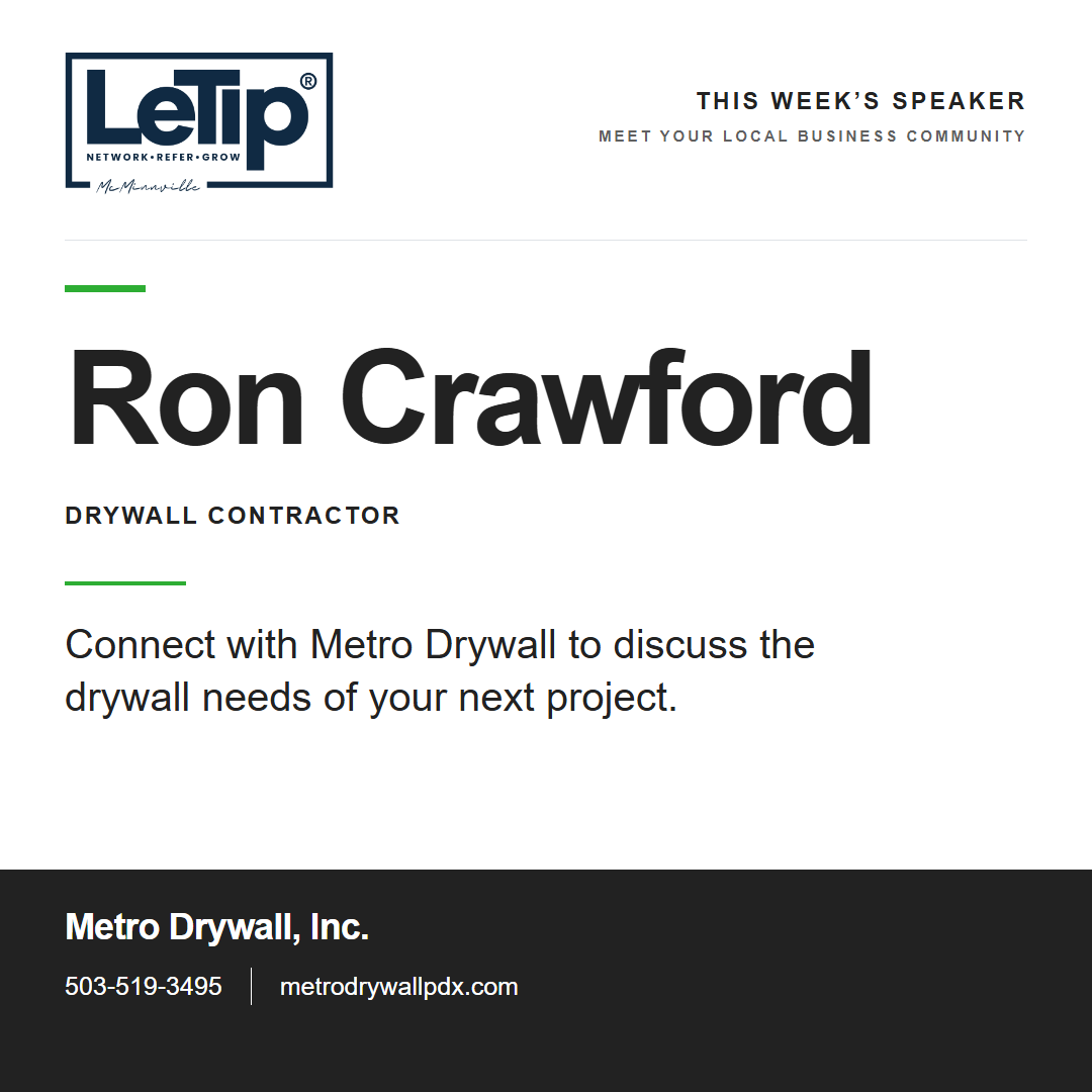 Speaker card for Ron Crawford at Metro Drywall, Inc., with business contact information