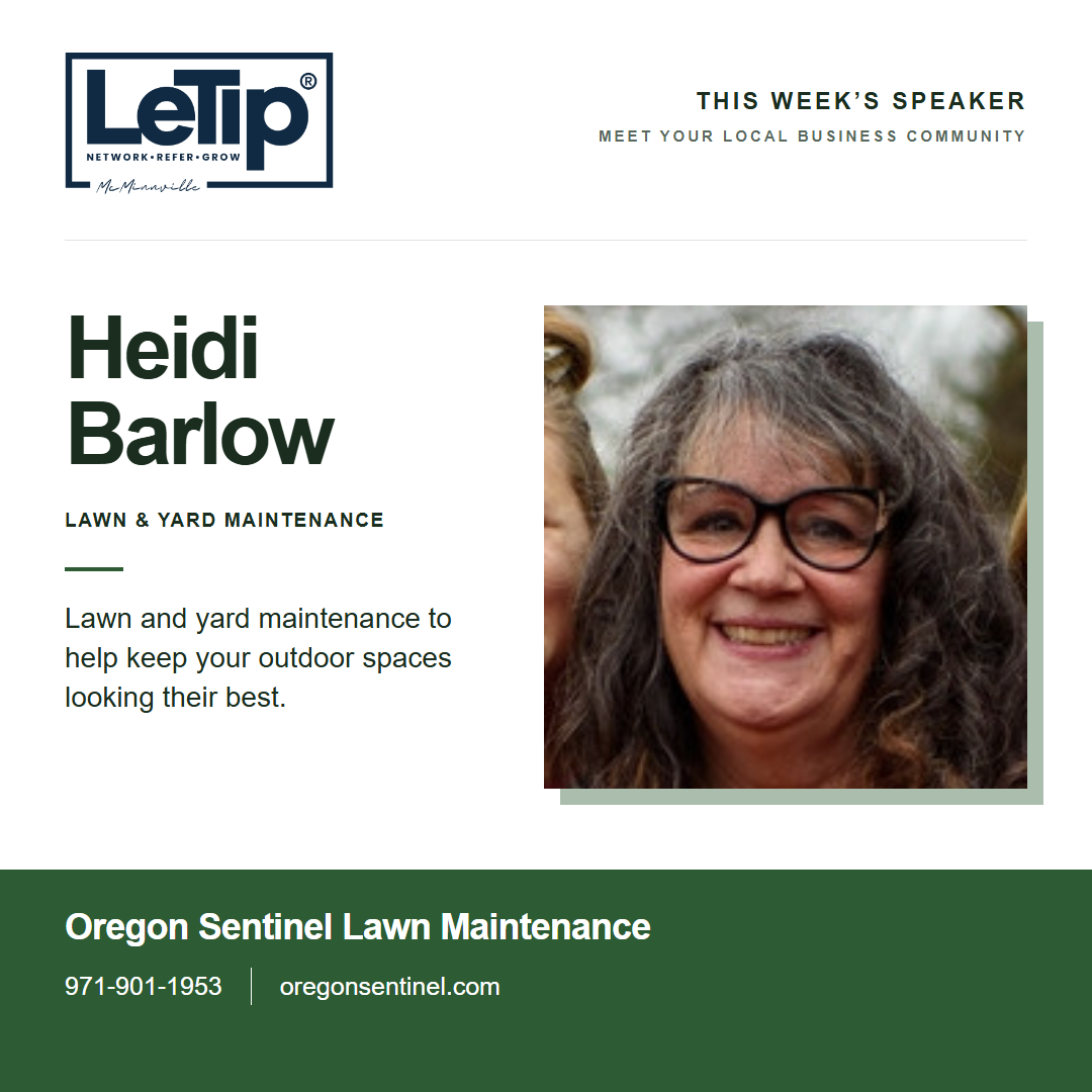 Speaker card for Heidi Barlow at Oregon Sentinel Lawn Maintenance, with business contact information