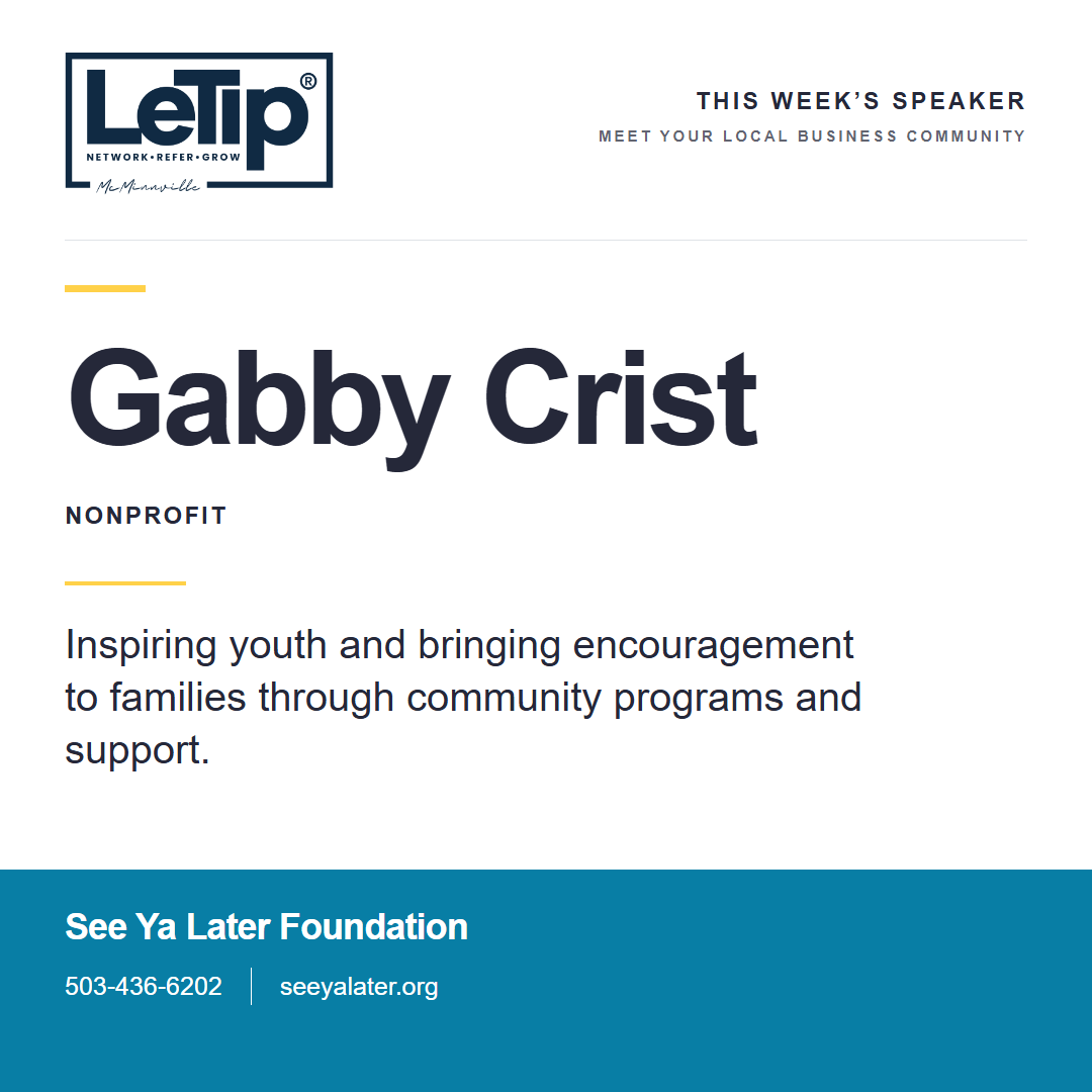 Speaker card for Gabby Crist at See Ya Later Foundation, with business contact information