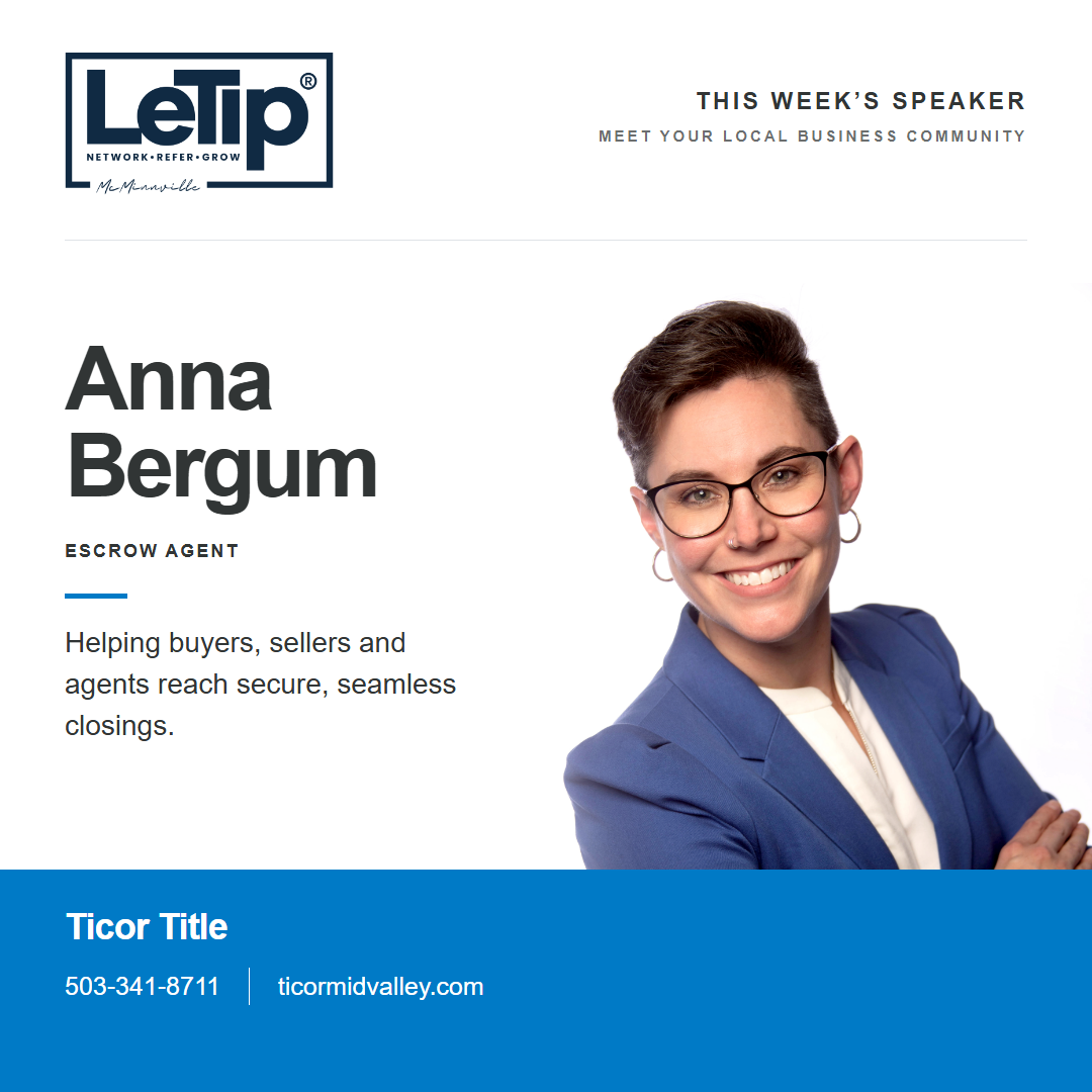 Speaker card for Anna Bergum at Ticor Title, with business contact information