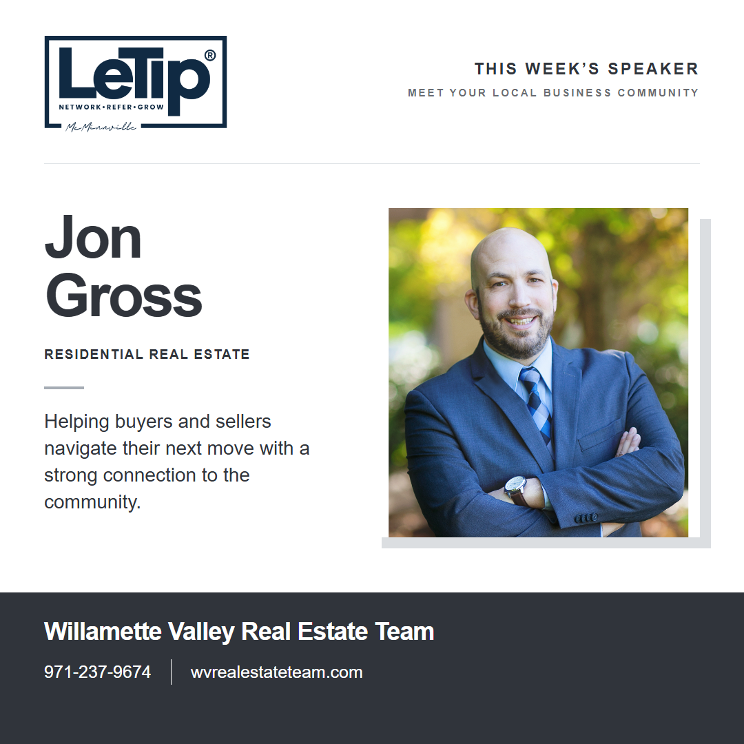 Speaker card for Jon Gross at Willamette Valley Real Estate Team, with business contact information